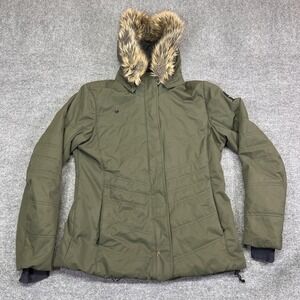Obermeyer Jacket Womens 12 Green Hooded Faux Fur Insulated Ski Snow Pockets